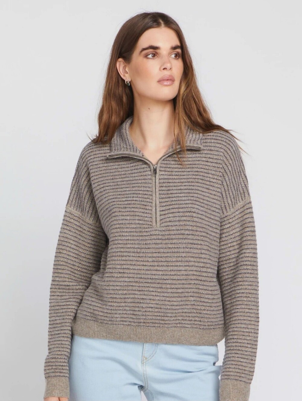 Volcom Sun Of Sand Sweater - Dark Grey/Taupe Striped Half-Zip Knit Sweater Sz 8